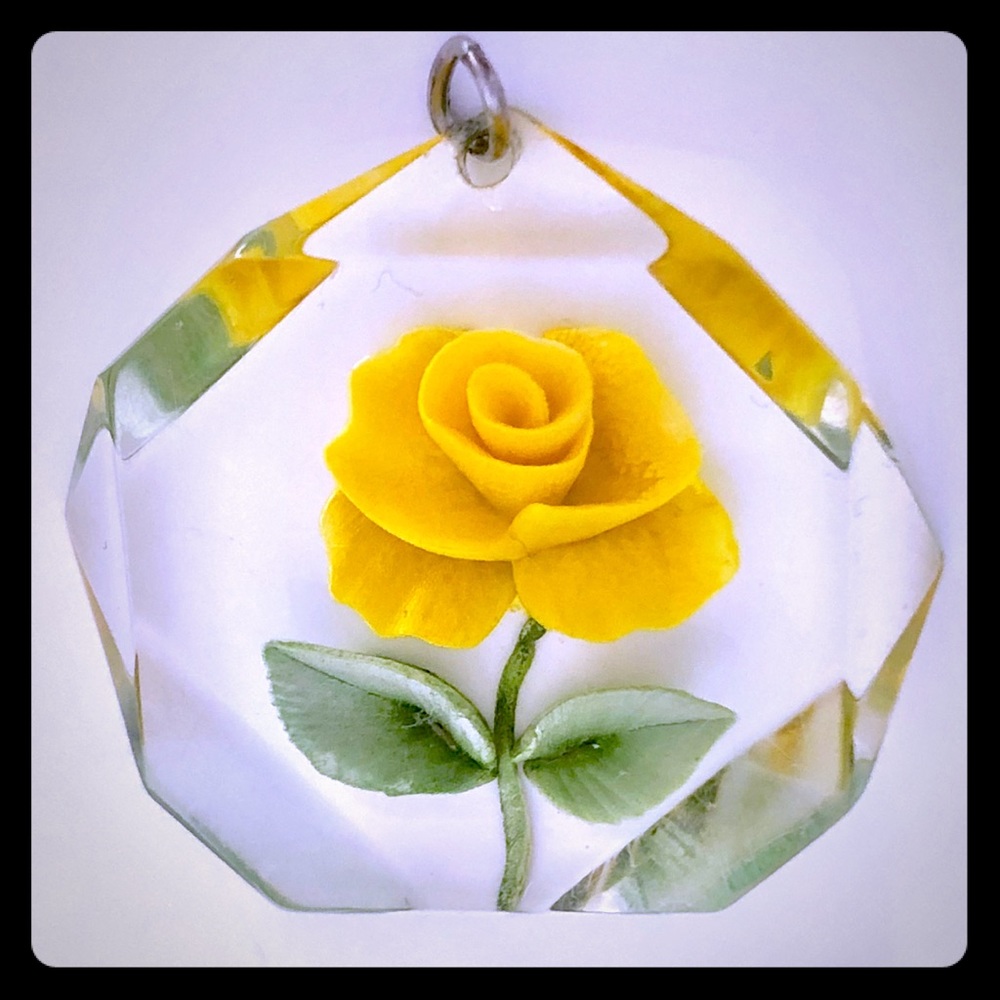 Vintage reverse carved rose pendant Lucite yellow